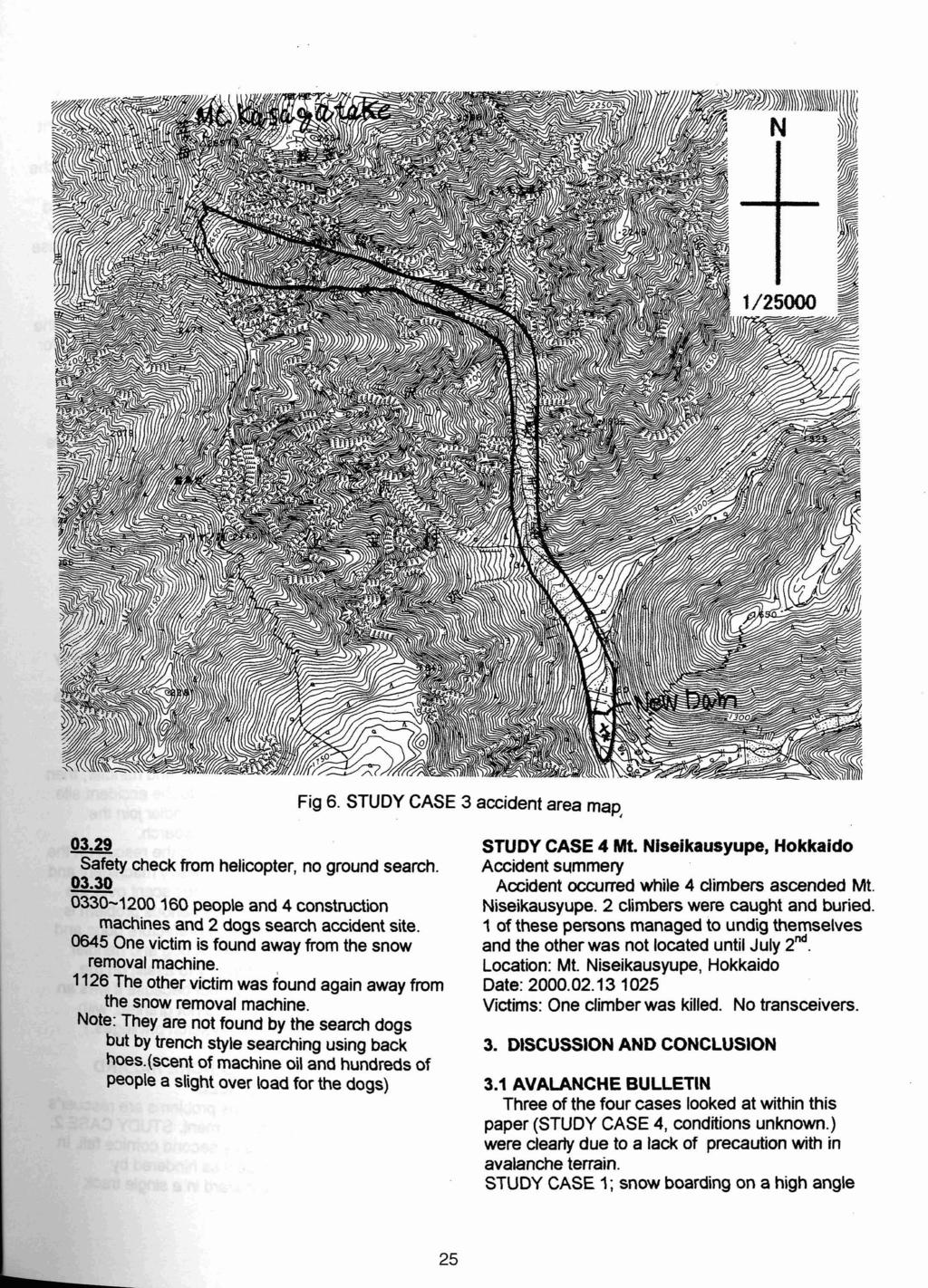 Fig 6. STUDY CASE 3 accident area map, 03.29 STUDY CASE 4 Mt. Niseikausyupe, Hokkaido Safety check from helicopter, no ground search. 03.30 0330-1200160 people and 4 construction machines and 2 dogs search accident site.