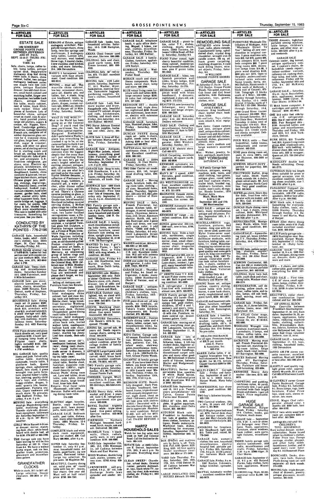 Page Six-C GROSSE PONTE NEWS Thursday, September 15, 1983 8-ART1CLES ESTATE SALE 1052SOMERSET GROSSE PONTE PARK BETWEEN JEFFERSON AND ST PAUL SEPT 11&-17. THURS.
