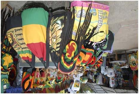 A craft market in Montego Bay, Jamaica To paraphrase: Jamaica is east of Haiti and south of Cuba.