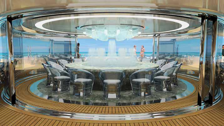 The exterior dining room, one of six onboard, is situated on a gyroscopic