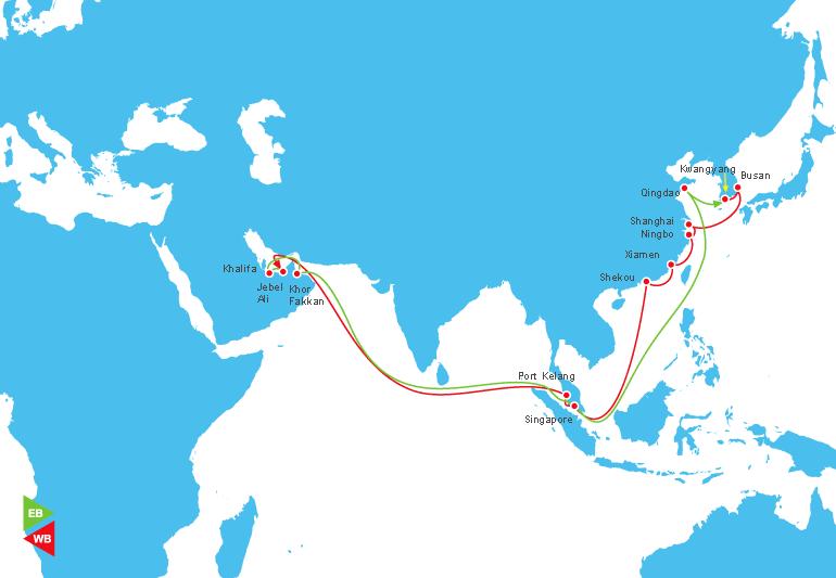 GALEX Sling 1 East - West Weekly service from Far East - China and South Korea - to the Gulf.