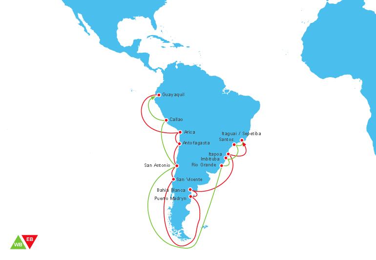 CONOSUR West Coast Weekly service calling main ports of the East Coast South America and the West Coast South America. Arica, San Vicente, Puerto Madryn and Bahia Blanca are fortnighlty calls.