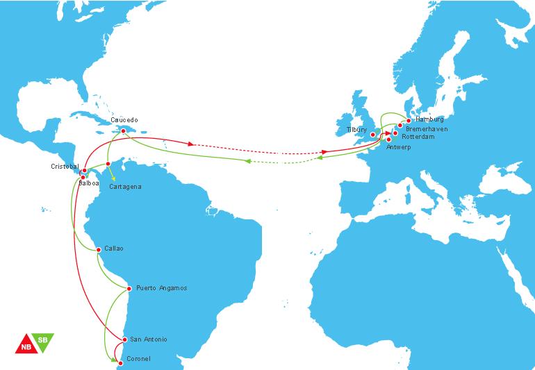 EUROANDES West Coast Weekly direct service covering main ports of North Europe to the West Coast South America.