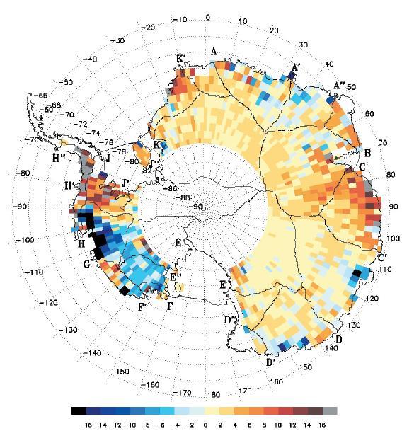 Figure 35. Satellite Measurement of Antarctic Cap Build-up The East Antarctic Ice Sheet has actually been growing at the rate of 5+1 mm per year (Internet article from CO 2 Science by D. J.