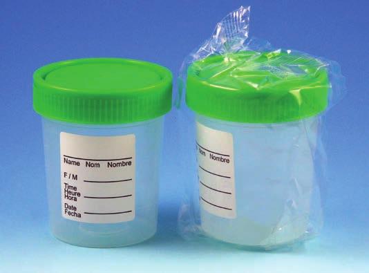 Sterile Containers: Non-Sterile Containers: Graduated to 100mL Graduated to 100mL Individually wrapped Frosted writing area Trilingual patient ID label