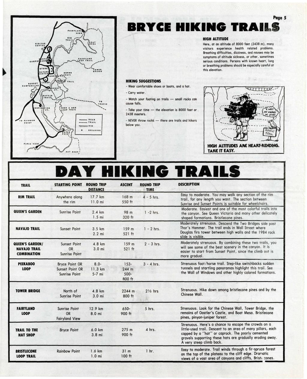 Page 5 BRYCE H I K I N G TRAILS HIGH ALTITUDE Here, at an altitude of 8000 feet (2438 m), many visitors experience health related problems.