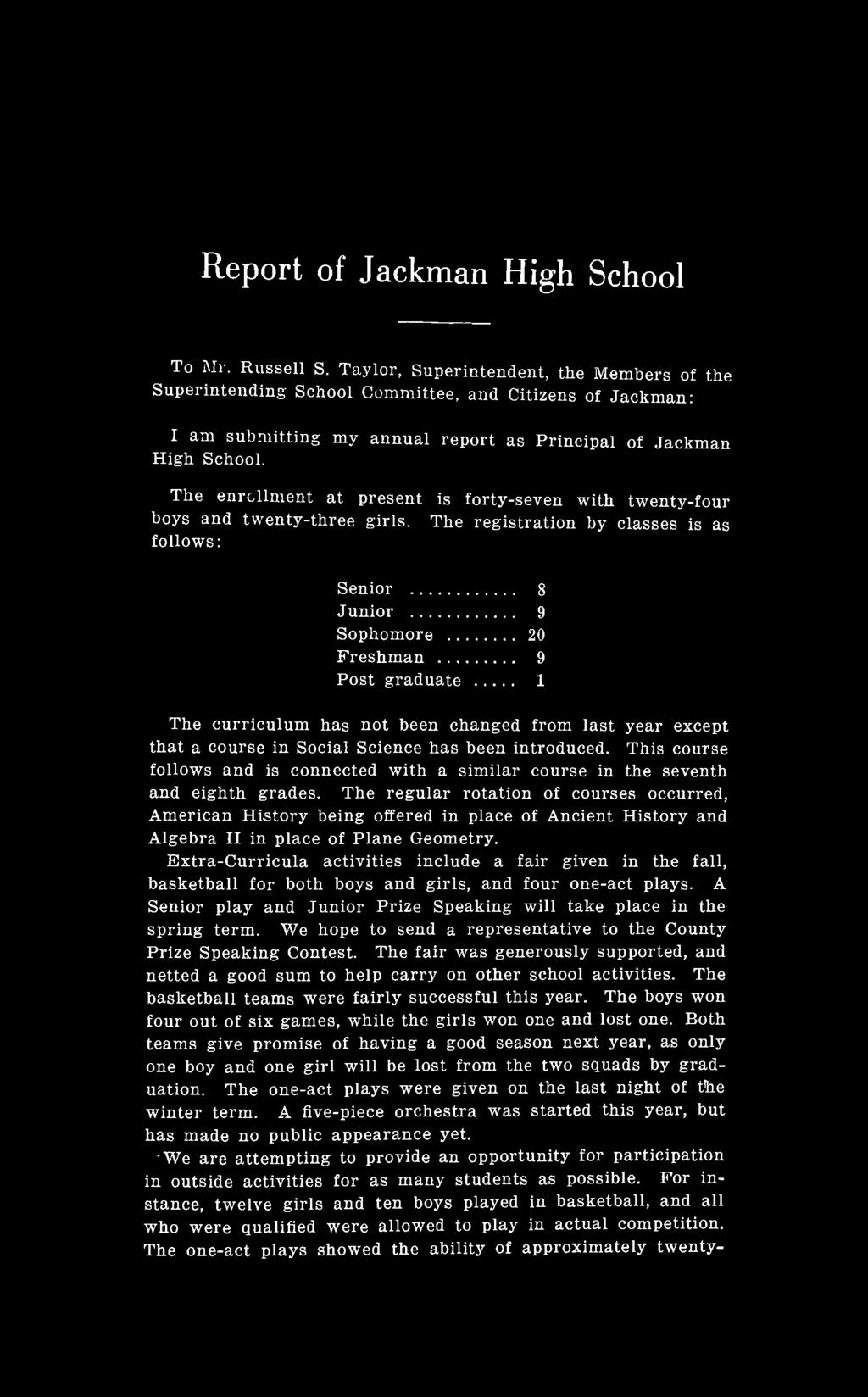 Report of Jackman High School To Mr. Russell S.
