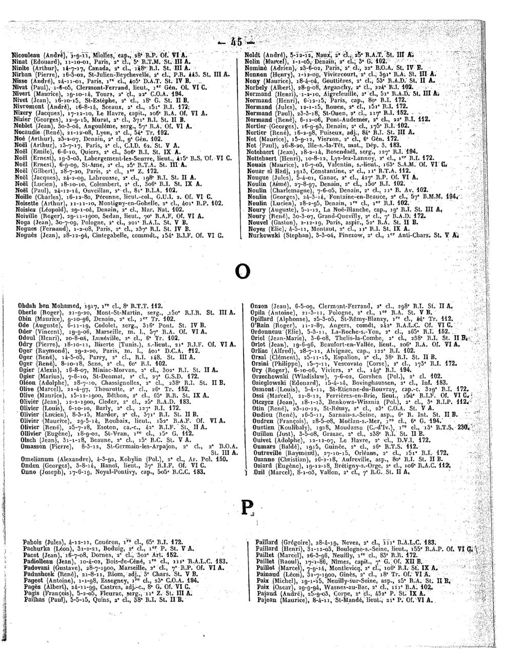 M Kicouleau (André), "irg-ii,miolïes," cap.,â8*r.pọf.'via. Ninat(Edouard), n-io-oi,paris,a' cl.,5'r;t.m.st.ill A. Ninite(Arthur),14-7-17, Canada, a"cl.,i48 R.I.St. IIIA.