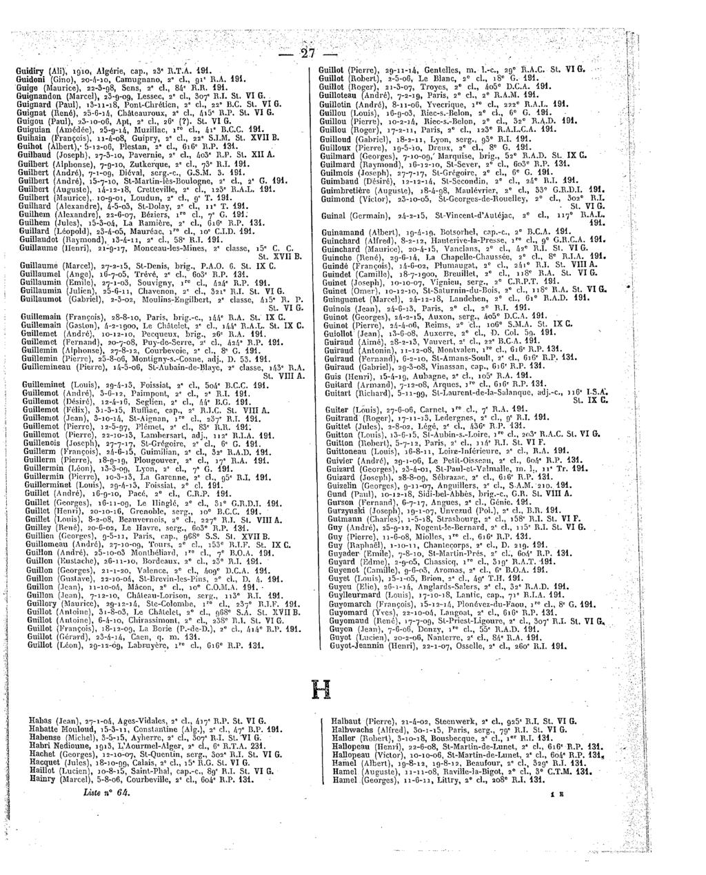 27 Guidiry(Ali),1910,Algérie, cap.,23'r.t.a. Guidoni (Gino), 20-4-10, Camugnano, 2 cl.,gi' R.A. Guige 22-3-g8, Sens,2' cl.,84'r.r. Guignandon. 23-9-09, Lessec,2 cl.,307"r.i. Guignard (Paul),i3-u-i8,Pont-Chrétien, 2' cl.
