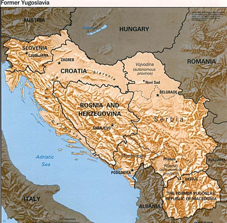 Geography and Climate The geographical location of former Yugoslavia is largely defined by the presence of the Dinaric Alps which span from Italy through all the Yugoslav states into Kosovo.