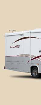 Patio Awning (optional) provides outdoor shade on a sunny day. Jamboree Sport shown in Antelope exterior graphics.