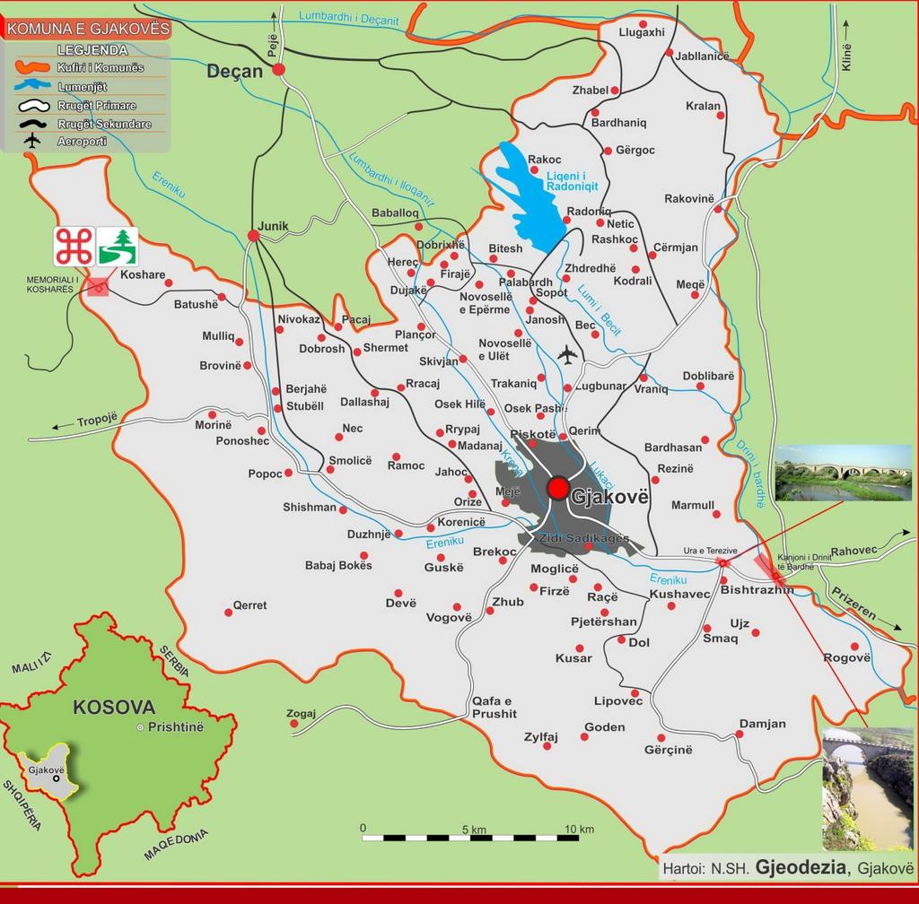 Sipas nenit 8 të status projektit të Komunës së Gjakovës, territori i kësaj komune ka gjithsej 88 fshatra, të cilat janë: Bardhaniq, Batusha, Beci, Berjah, Bardosan, Bishtazhin, Bitesh, Brekoc,