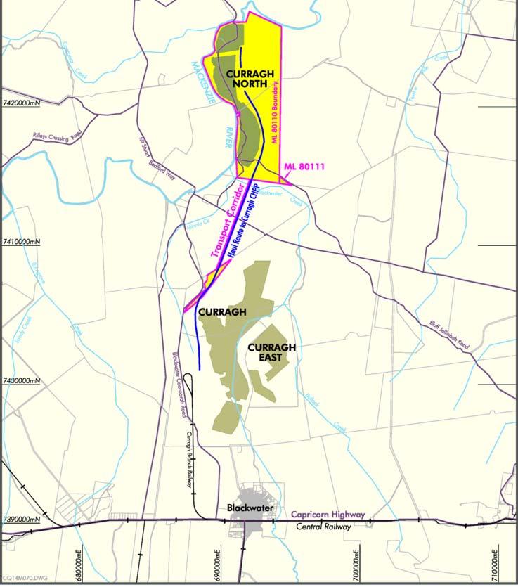 Curragh North Project 20km north of Curragh +130mt of mineable reserves 40 year mining lease linked by private road to