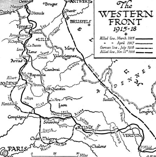 Most of the fighting took place on the Western Front : a line of trenches running all the way through Belgium and France.