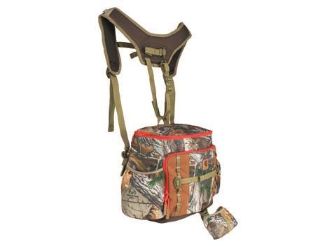 RUGGED OUTDOORS Hunt Day Pack 305602 Main body Quiet Trak Tricot and rugged Poly mapped at high abrasion points, all with Rain Defender durable water repellent Two large main compartments Quiet