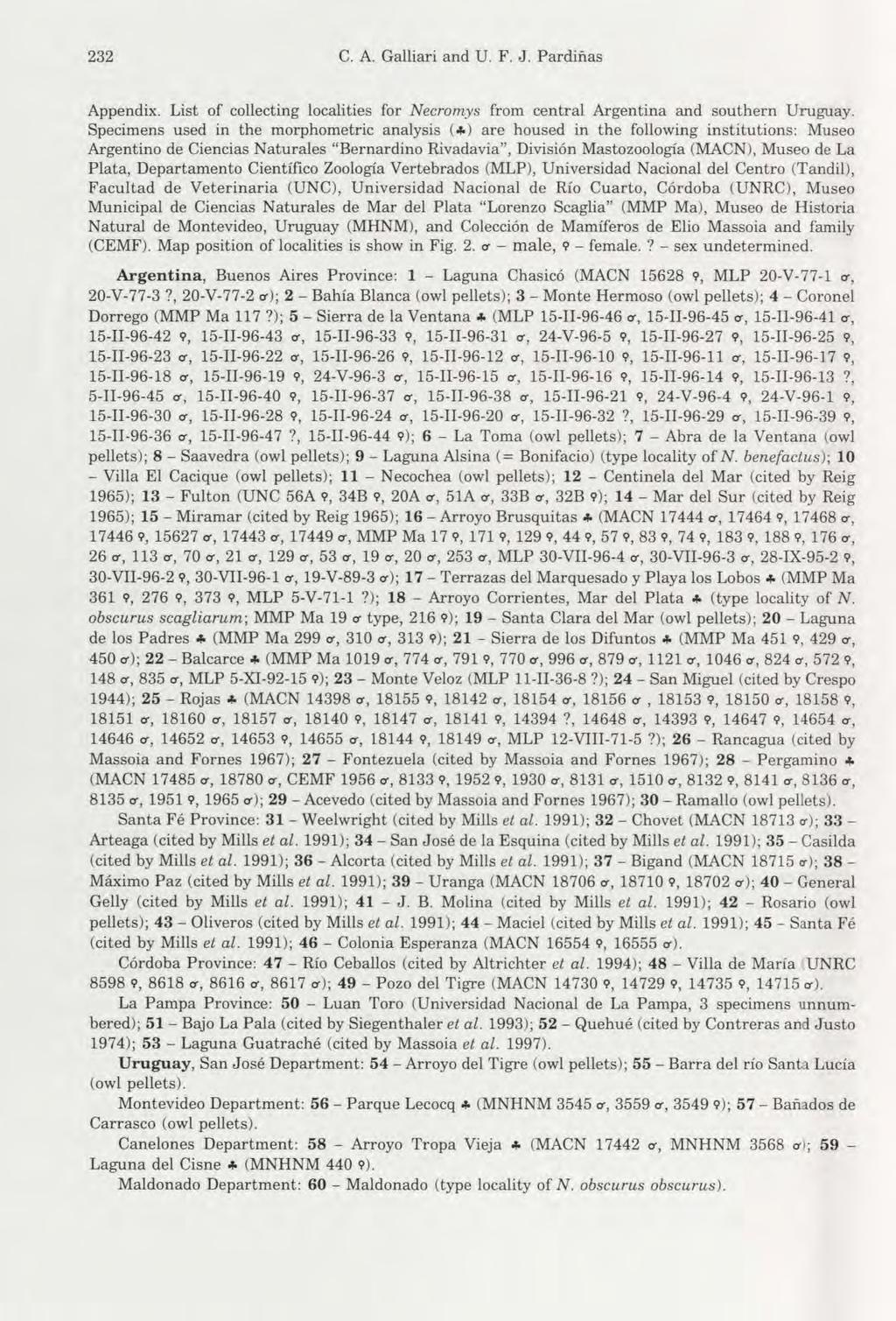 232 C. A. Galliari and U. F. J. Pardinas Appendix. List of collecting localities for Necromys from central Argentina and southern Uruguay.