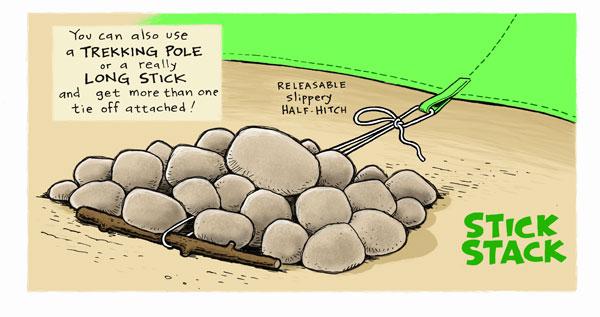 You can stake out a tarp using only rocks, but they need to be BIG rocks. (See Illustration 13.
