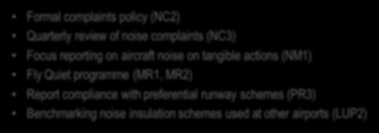 tangible actions (NM1) Fly Quiet programme (MR1, MR2) Report compliance with preferential runway schemes (PR3) Benchmarking noise insulation schemes used at other airports