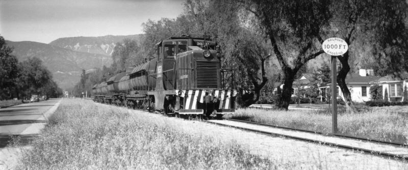 (Photo courtesy of Craig Rasmussen) This view with the water train looks north on Mountain View Avenue, in about 1949.