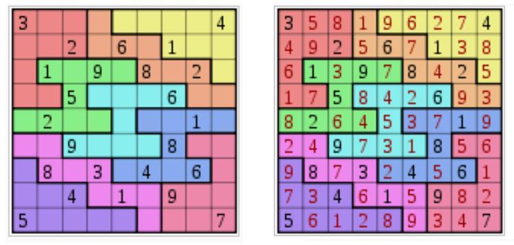 Slika 1: Lijevo je primjer sudoku slagalice, a s desne strane rješenje iste.