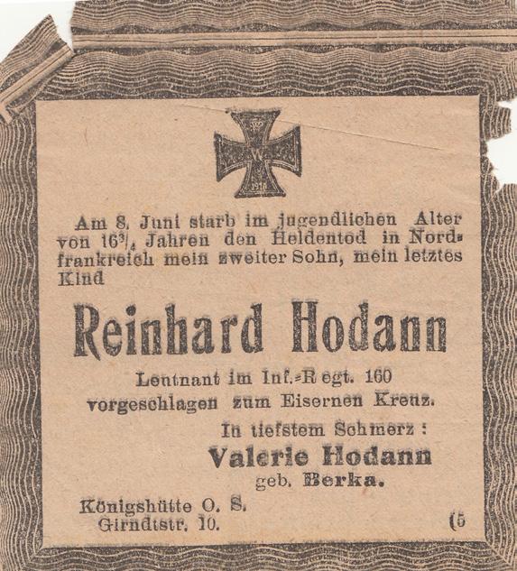 Obituary for lieutenant Hodann, not yet 17 years old, from the Bonn infantry regiment 160 Bonn Municipal Museum Franziskanerstraße 9 53113 Bonn Wednesdays 9.30 to 14.00 hrs Thursdays - Saturdays 13.