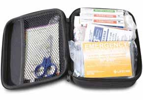Complete with an assortment (77 pieces) of first aid products, including bandages, gauze,