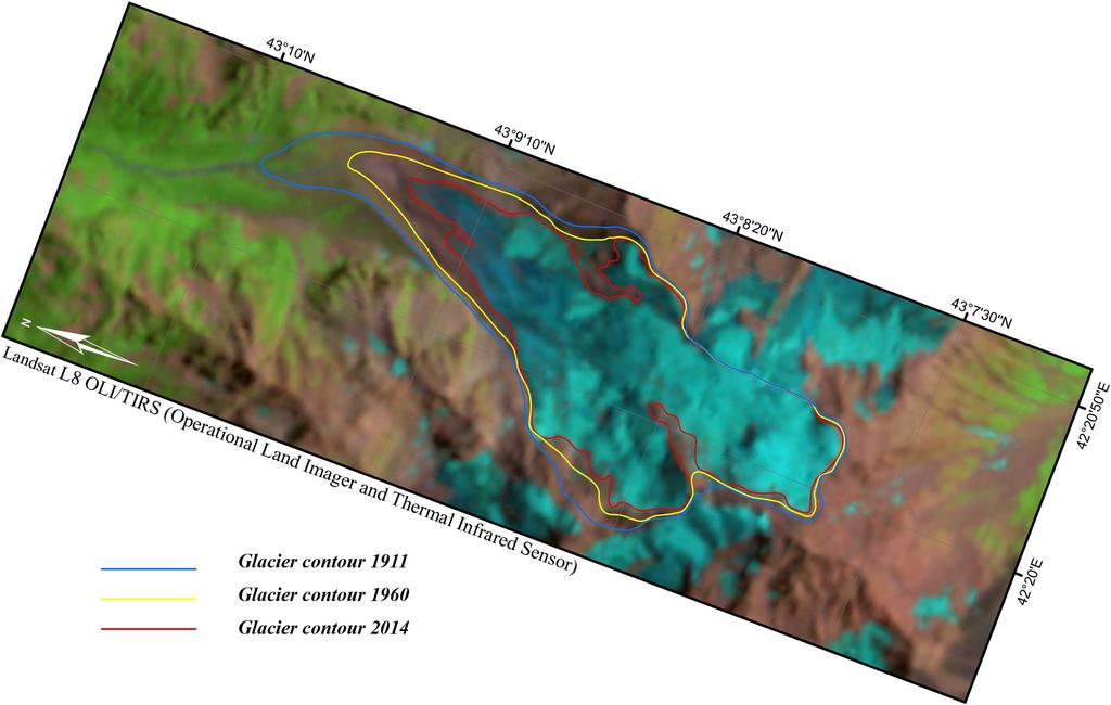 Figure 4. Shdavleri glacier retreat in 1911-1960-2014. 10.21 sq. km. We can see that in this period the number of glaciers was decreased by 3 and the area was reduced by 44.79%.