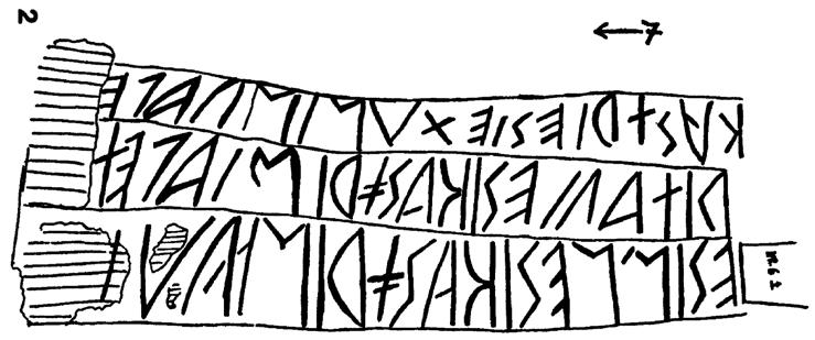 166 Slika 2: Risba napisov ST-1, 2 in 3 v retijsko venetski pisavi, branje od desne proti levi [1]. Risba ne ustreza dovolj dobro izvirniku in zato daje napačna prečrkovanja.