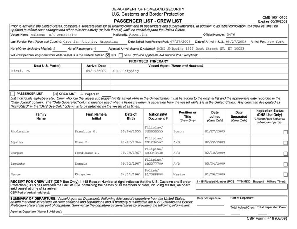 Properly Completed Departure CBP Form