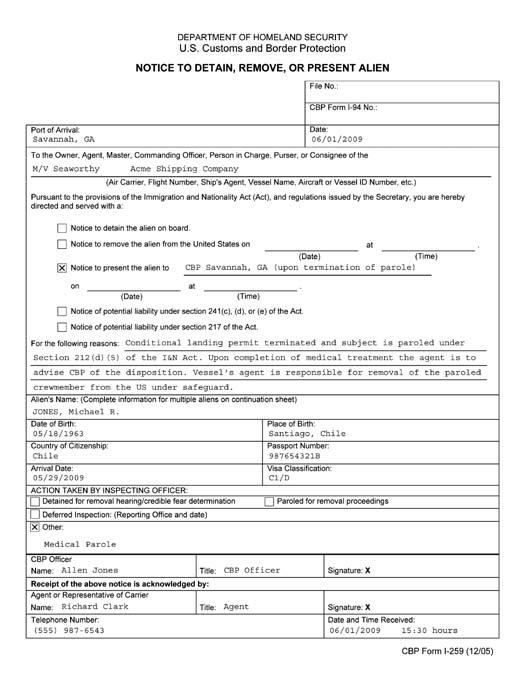 Properly Completed Medical Parole Forms Updated CBP Form I-259 Notice to Detain, Remove, or Present