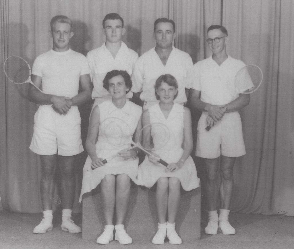 Yandina Badminton Club A Grade Premiers, 1954. The hall floor was marked for badminton although the ceiling was not very high. Back row l-r: S. Schrader, J. Rafter, E. Thorogood, J. Robinson.