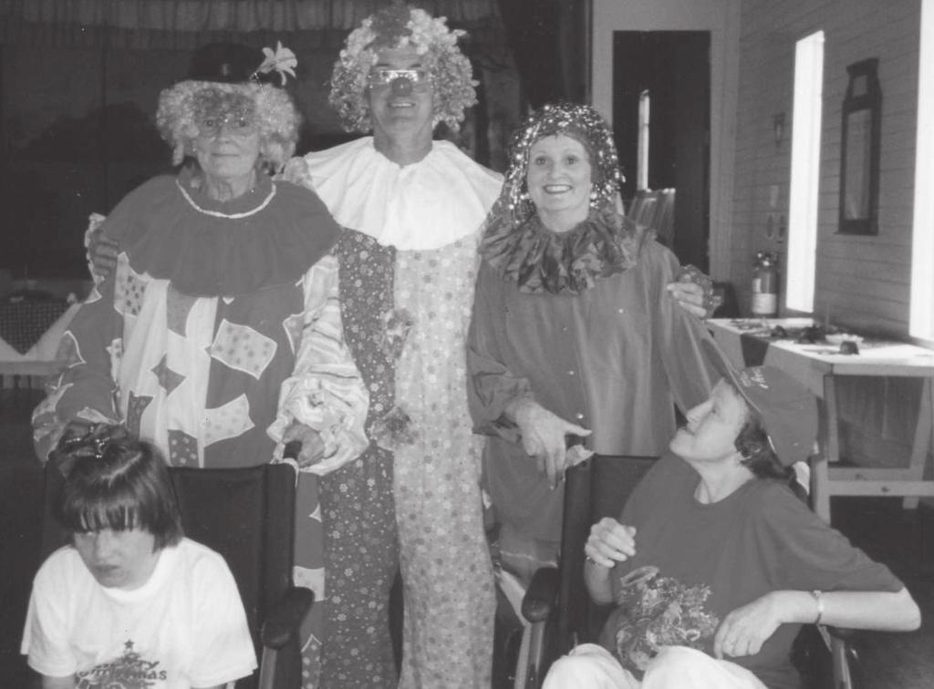 Above: Taekwon-Do, l-r: Ross Strong, Denise MacLean, Tim Moran, Brady MacLean, Trish Roundthwaite, Rocky Roundthwaite. (Marie Reeve) Right: Clown workshop by members of Spiral.