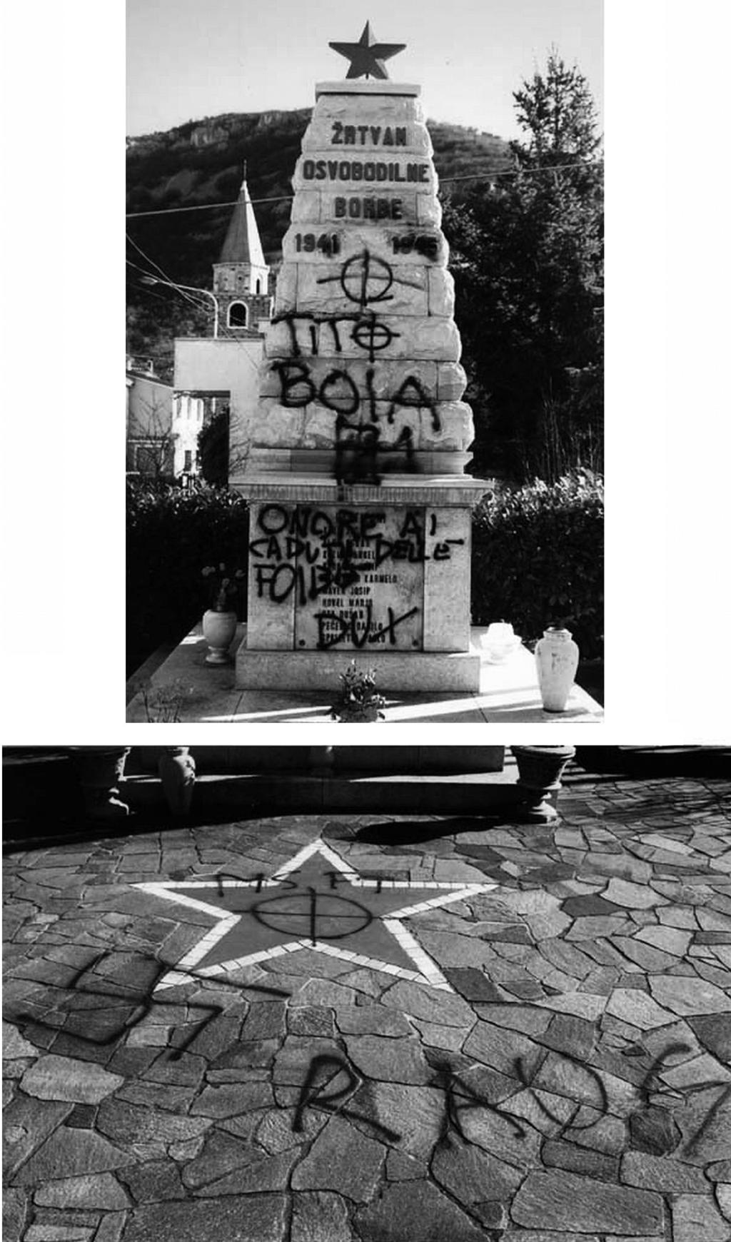 Slika 3: Z graiti popisan spomenik Žrtvam narodnoosvobodilne borbe. Boljunec, januar 1998. (foto: J.