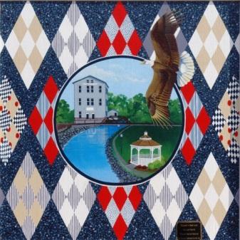 This on the Neshkoro Library. The pattern is taken from a historic quilt made by a Neshkoro citizen Agnes Scobie who is no longer living. Her father left Scotland in 1852 and settled in Neshkoro.