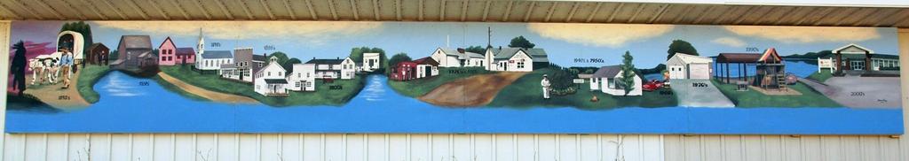 Included on the historic mural in Harrisville are a silhouette of a Native American, the grist mill (on the Montello River, also called the Crooked River and Westfield Creek.