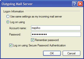 4. U prozoru Odlazni mail poslužitelj (Outgoing Mail Server) odaberite opciju Prijavi se koristeêi (Log on using) i u polja Naziv raëuna (Account name) i Lozinka (Password) upišite svoje korisniëko