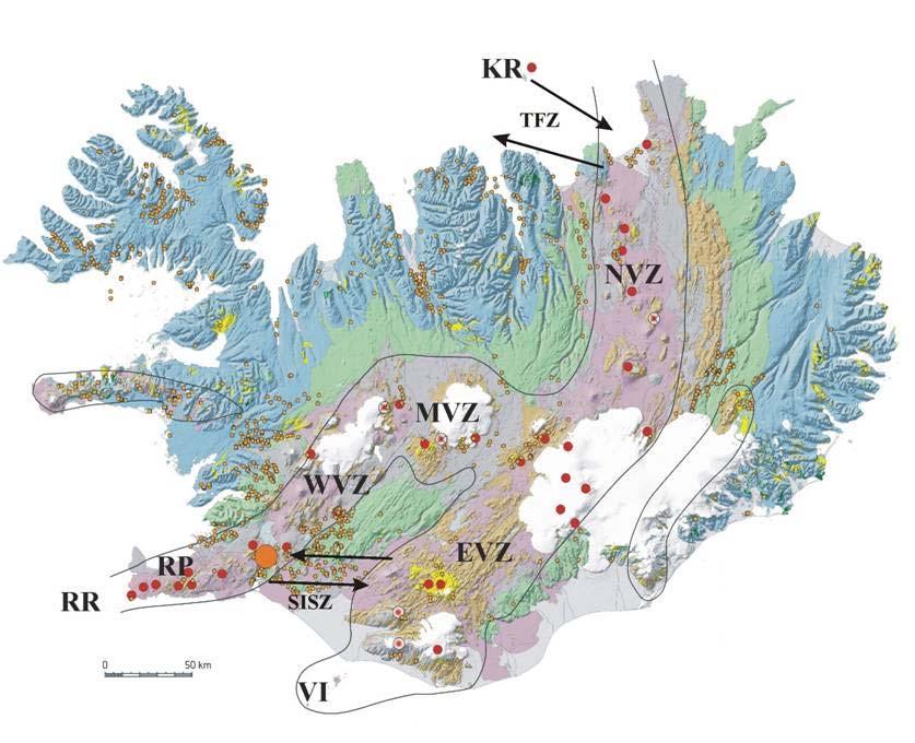 Geological map of Iceland showing the location of the active volcanic zones and transforms.