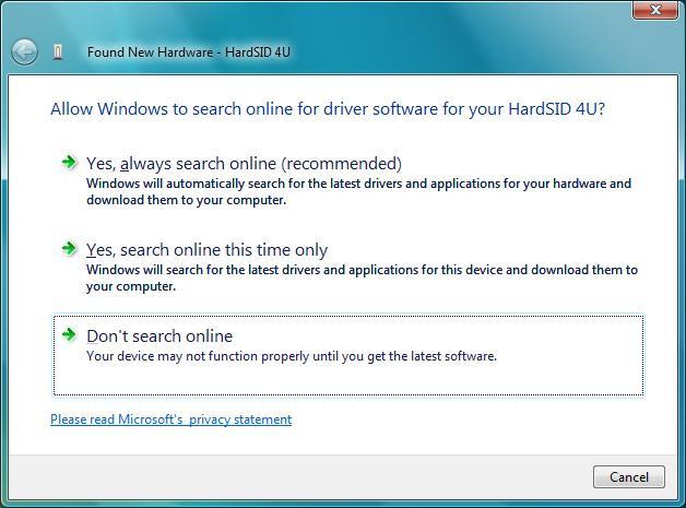 next dialog will ask you if you want your Vista to search for driver