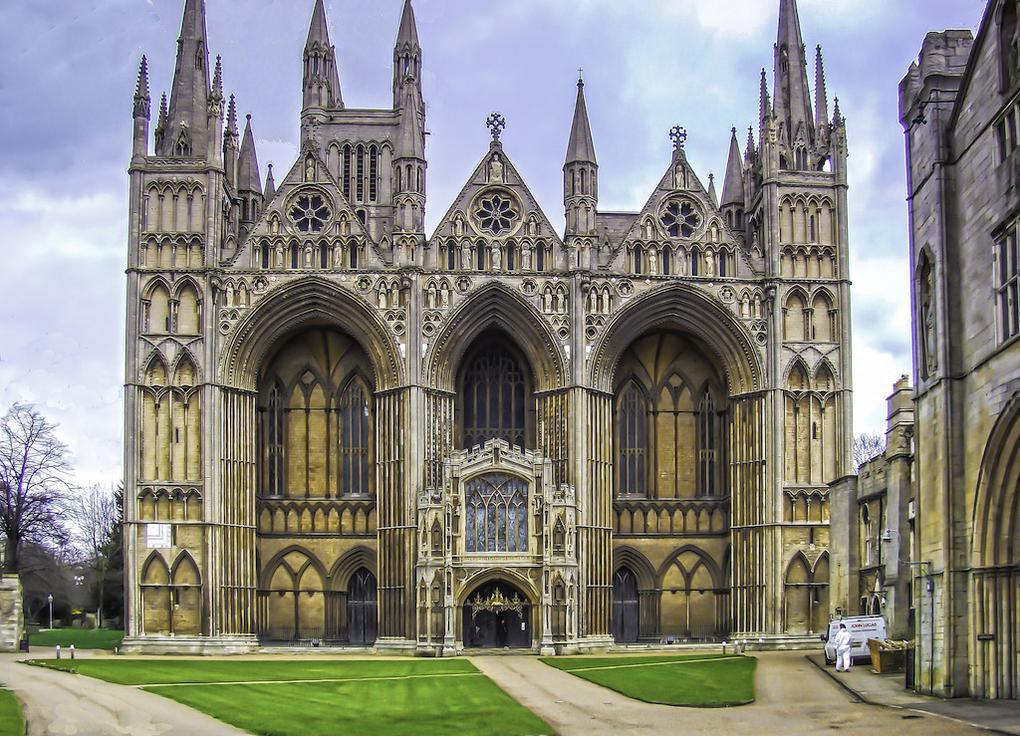 14. Peterborough Cathedral Peterborough Cathedral is dedicated to Saint Peter, Saint Paul, and Saint Andrew, whose statues look down from the three high gables of the famous West Front.