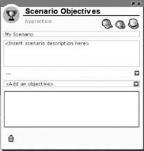 Objective List Shows list of objectives already selected for this difficulty level. 7. Delete Selected Objective. Scenario List List of scenarios that can be loaded; click to highlight.