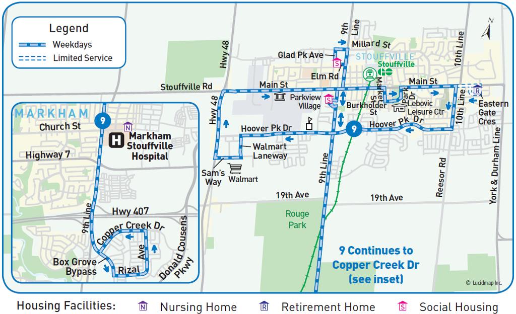 City of Markham/ Town of Whitchurch-Stouffville Route 9 9 th Line Restructure route and extend services to Riverwalk Drive and 9 th Line area (South Box Grove area) Introduce new Saturday Dial-a-Ride