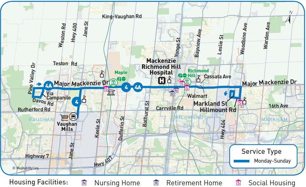 City of Vaughan Route 4/4A Major Mackenzie Increase midday frequency on the Route 4 branch, as part of the FTN, from approximately 36 minutes to 15 minutes combined frequency