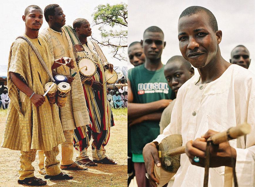 Figure 7.26 Making Music in Nigeria Yoruba drummers perform at a local event (left). A Hausa harpist (right). The Hausa are located in the northwest part of the country, which is mainly Muslim.
