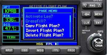 Note that you are on the ACTIVE FLIGHT PLAN page, or FLP page 1 of 2. You plan to fly this route in the future, so you ll want to save it. Press the MENU button and the menu appears.