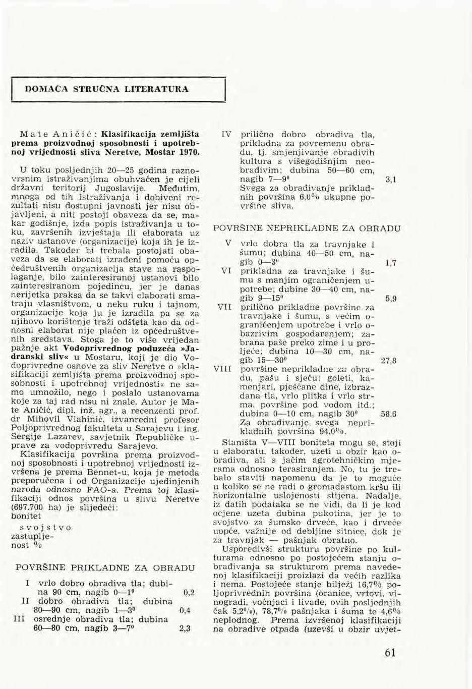 DOMAĆA STRUČNA LITERATURA Mate Aničić: Klasifikacija zemljišta prema proizvodnoj sposobnosti i upotrebnoj vrijednosti sliva Neretve, Mostar 1970.