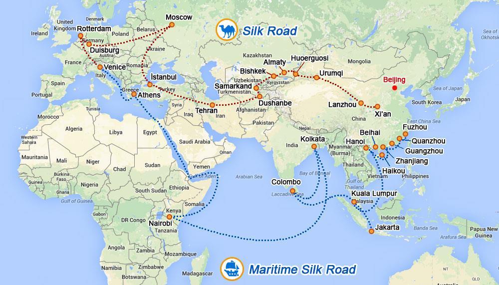The Maritime and Land Silk Road Map showing some of the potential routes of the maritime and land Silk Road