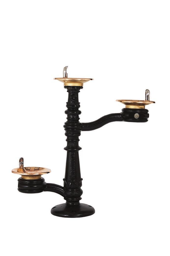 accessible fountain features two fountain bowls mounted on two arms. Both fountains are operated independently by pushbutton controls.