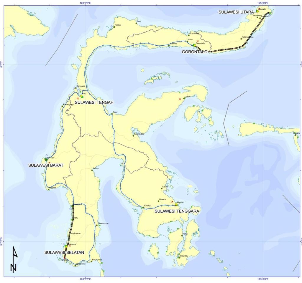 Railway Network Development in Sulawesi Railway network plan in Sulawesi in 2030 with the length of 500km 2030 Program : Railway network will interconnect cities such as: Manado, Gorontalo, Bitung