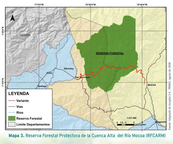 As the new road will affect the Upper Mocoa River Forest Reserve, compensation mechanisms include the expansion of