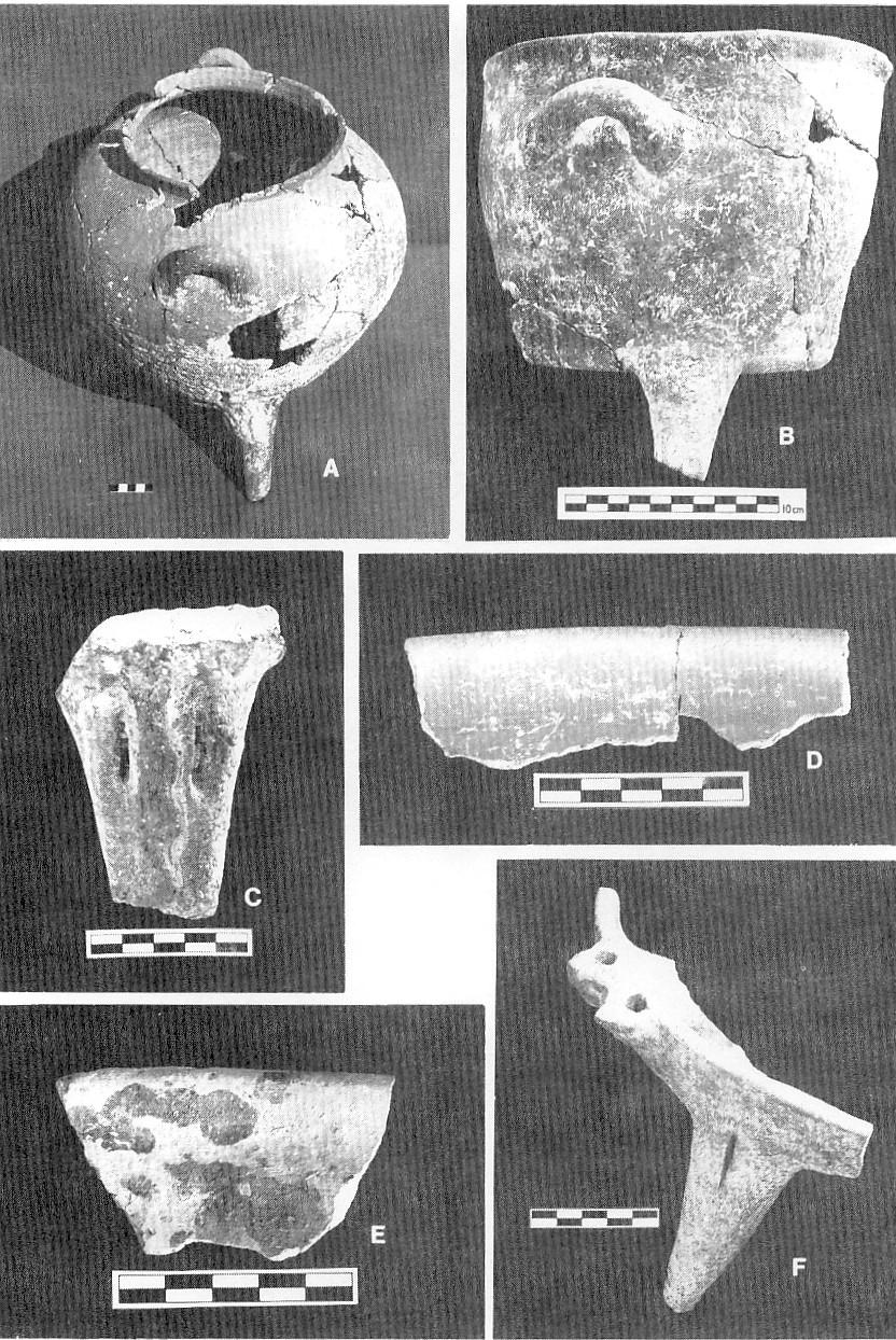 Fig. 5. Coarse Red vessels. A, Tripod cooking pot, Type A (C 45). B, Tripod cooking pot, Type B (C 103). C, Leg with vertical rope pattern as decoration, flanked by two slashes (C 979).
